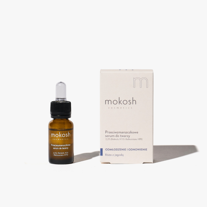 Przeciwzmarszczkowe serum do twarzy 2,5% (Retinolu H10 i Retinoinianu HPR)  Róża z jagodą 10ml